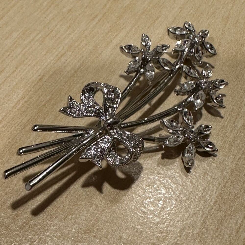 Vintage Silver Tone Rhinestone Flower Bouquet Brooch Pin Bow Tied Floral